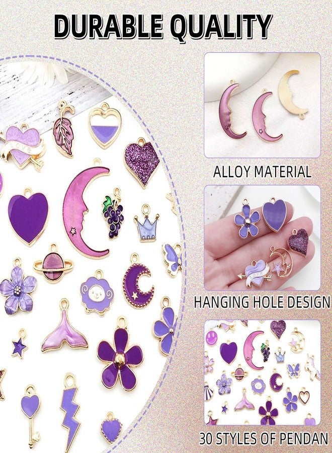 TecoKart 30 PCS Charms For Bracelet Making, Purple Charm Bracelet Pendant DIY, Cute Charms For Jewellery Making, Unicorn Moon Flower Heart Mermaid Charm Bracelet Making Kit For Necklace Pendent DIY - Image 4